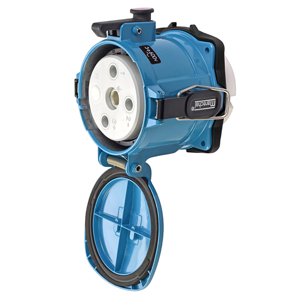 39-24023-K14-180 - DR250 RECEPTACLE METAL BLUE SIZE 6 TYPE 3R 3P+G 250A 600 VAC 60 Hz NO AUX 180 DEGREE OPENING LID